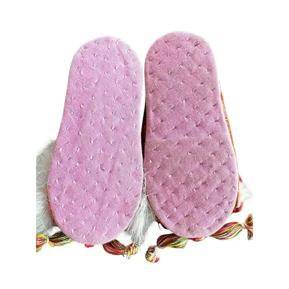 Vintage Pair Child Toddler Chinese Red Dragon Slippers Satin & Fur China 4 3/4”